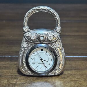 VTG Brighton Silver Tone Crystal Embellished Charm Purse Desk Clock Collectible
